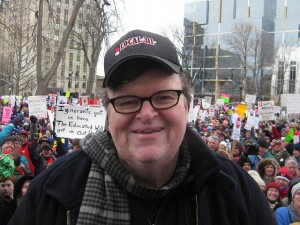 Michael Moore and protestors, Madison, 3/6/11 - photo by Mary Bottari