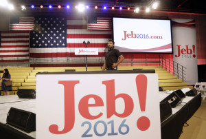 A technician does a sound check at Miami Dade College where former Florida Gov. Jeb Bush is expected to announce his bid for the Republican presidential nomination, Monday, June 15, 2015, in Miami. (AP Photo/Lynne Sladky)