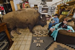 RC and Sherron Bridges with their pet buffalo inside their house in Quinlan, Texas