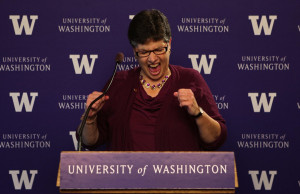 Ana Mari Cauce, named new UW president, can't hold excitement in at news conference, Tues., Oct. 13, 2015, in Seattle. (Ken Lambert / The Seattle Times)