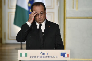 French President Francois Hollande gives a press conference with his Nigerian counterpart at the Elysee Presidential Palace in Paris on September 14, 2015. Buhari will seek support for his battle against Boko Haram on a trip to Paris that starts September 14, more than three months after he took charge of Africa's largest economy. AFP PHOTO / DOMINIQUE FAGET (Photo credit should read DOMINIQUE FAGET/AFP/Getty Images)