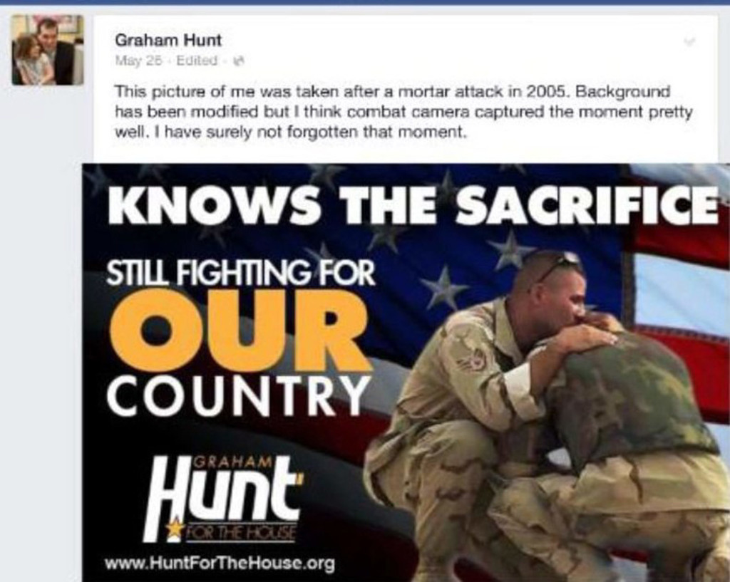 Graham Hunt's Facebook page claiming a photo showed him after a mortar attack in Iraq. The photo is in fact a doctored version of a 2003 AP photo showing two other men. (Jim Brunner / )
