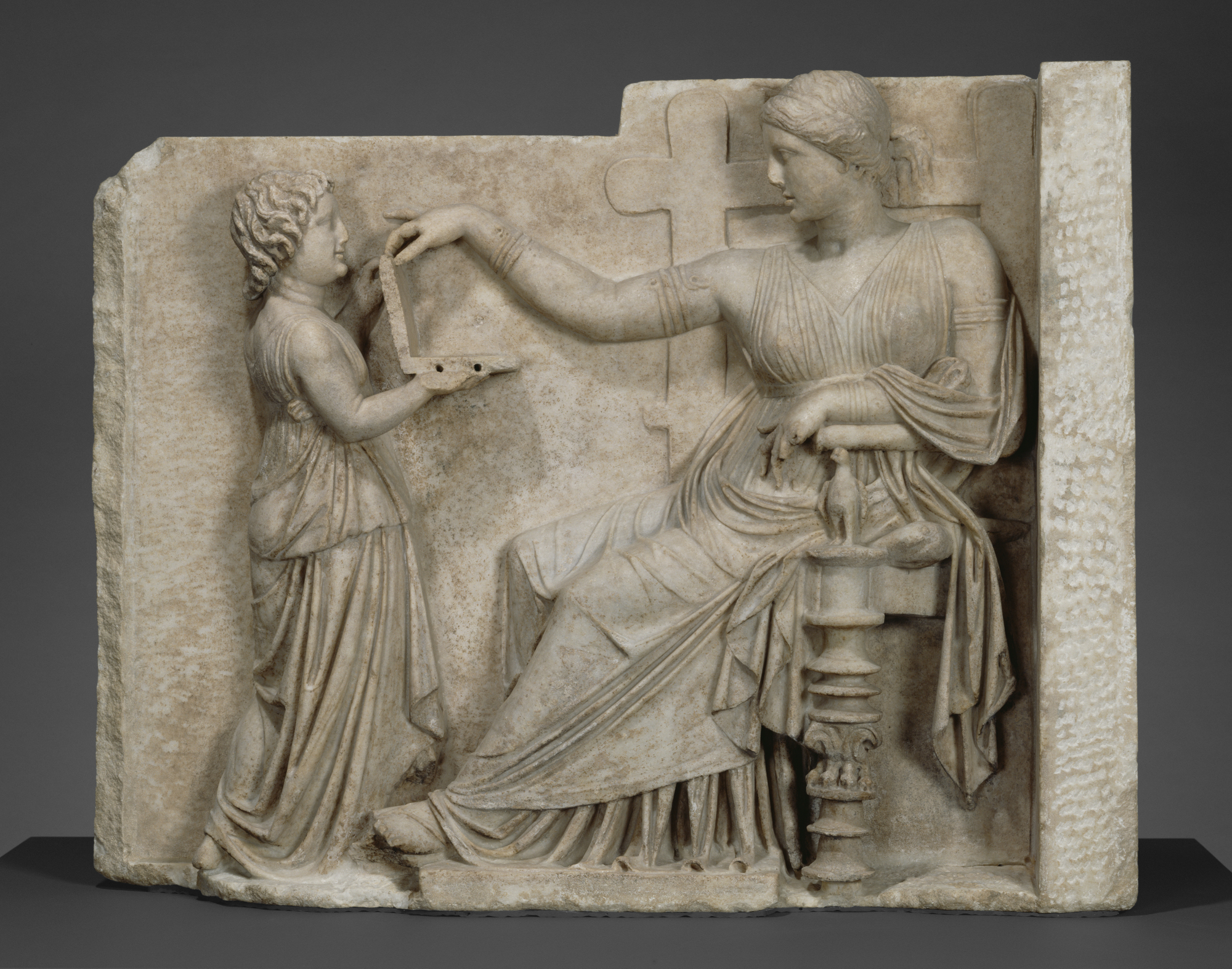 Gravestone with a Woman and Her Attendant; Unknown; (Delos?), East Greece; about 100 B.C.; Marble; 94.6 x 120.7 x 21.6 cm (37 1/4 x 47 1/2 x 8 1/2 in.); 72.AA.159