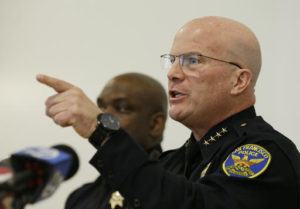 San Francisco police chief Greg Suhr gestures during a town hall meeting to provide the Mission District neighborhood with an update on the investigation of an officer involved shooting Wednesday, April 13, 2016, in San Francisco. The meeting came after 45-year-old Luis Gongora was shot and killed by police at a homeless encampment on Thursday, April 7, 2016. (AP Photo/Eric Risberg)