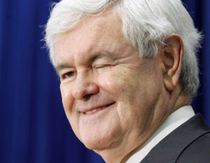 Republican presidential candidate, former House Speaker Newt Gingrich winks at a questioner during a campaign stop in Newport, N.H. Friday, Jan. 6, 2012. (AP Photo/Elise Amendola)