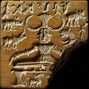 The Indus Valley civilization (called Haruppa) is one of the oldest in the world. Its writing is only known from seals. One these discovered during excavation of an archaeological sitehas drawn attention as a possible representation of Many Indus valley seals show animals but one seal that has attracted attention shows a figure, either horned or wearing a horned headdress and possibly ithyphallic[46][47][48] figure seated in a posture reminiscent of the Lotus position and surrounded by animals was named by early excavators of Mohenjo-daro Pashupati (lord of cattle), an epithet of the later Hindu gods Shiva and Rudra.[46][49][50][51] Sir John Marshall and others have claimed that this figure is a prototype of Shiva and have described the figure as having three faces seated in a "yoga posture" with the knees out and feet joined.